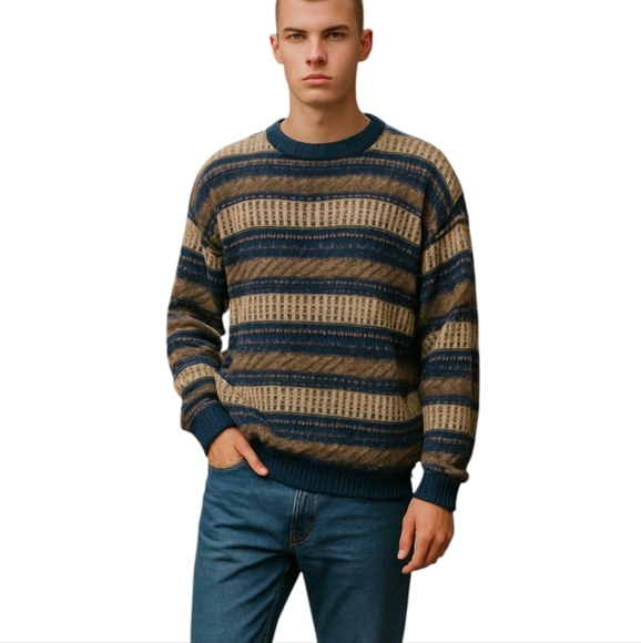 Vtg 3d Cosby Cotton Crewneck Textured Patterned Stripes Brown Neutral Sz L - Picture 5 of 12